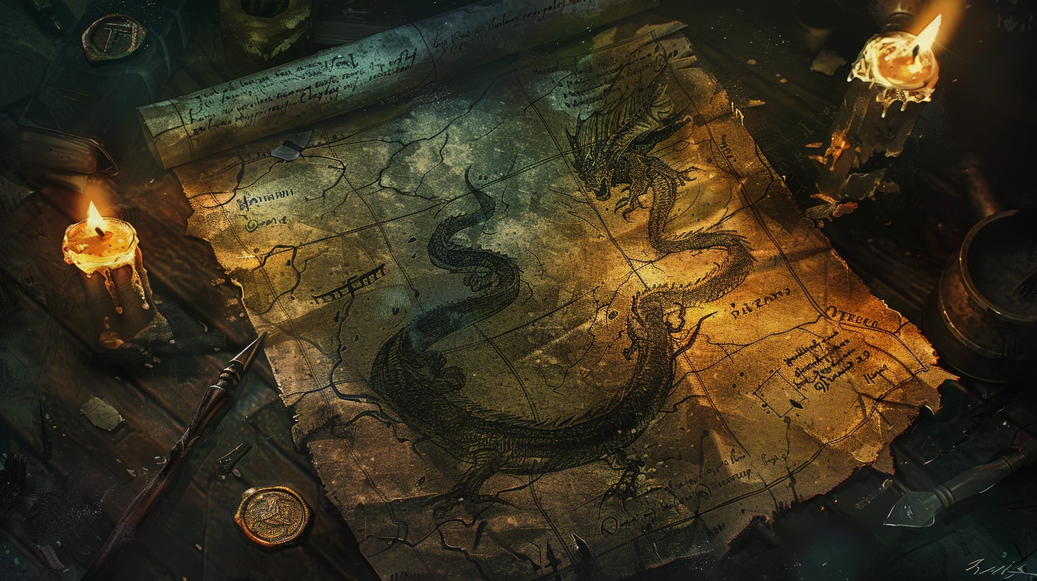 Une carte au parchemin déchiré posée sur une table de bois sombre, traversée par un long dragon serpentin dessiné à l'encre, entre deux bougies allumées, un rouleau, un sceau de cire et une plume