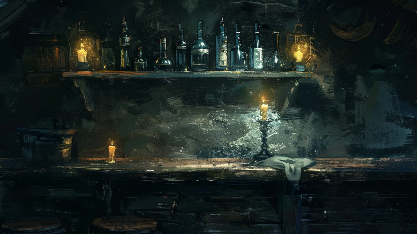 Le comptoir d'une taverne dans la pénombre : une étagère de bouteilles en verre entre deux lanternes allumées, une bougie sur un chandelier et un torchon posé sur le bois du bar, un seau à gauche et deux tabourets ronds au premier plan
