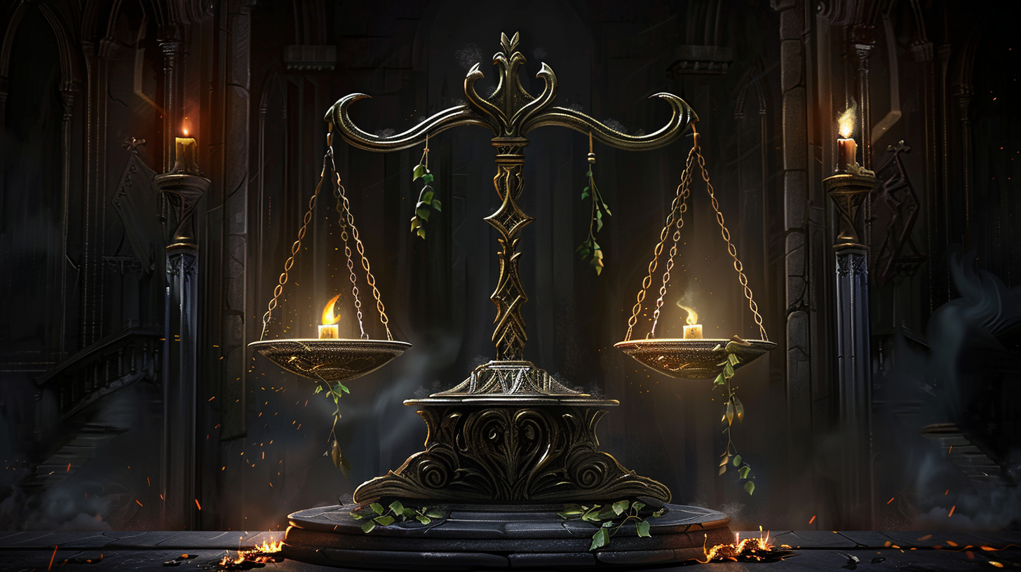 Une balance dorée en équilibre, illustration gothique symbolisant l'équilibrage de jeu